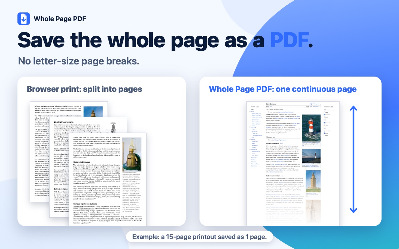 A browser printout split into many letter-size pages next to the same webpage saved by Whole Page PDF as one continuous page